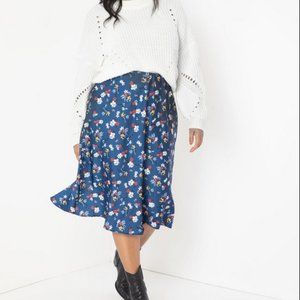*USED* ELOQUII Satin Midi Skirt (Blue Floral)